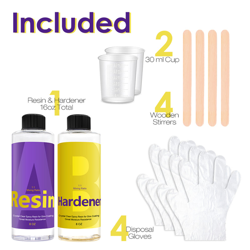 16 Ounce Clear Epoxy Resin Kit, 2 Part Epoxy Resin with Bonus Measuring Cups, Disposable Gloves and Wooden Sticks