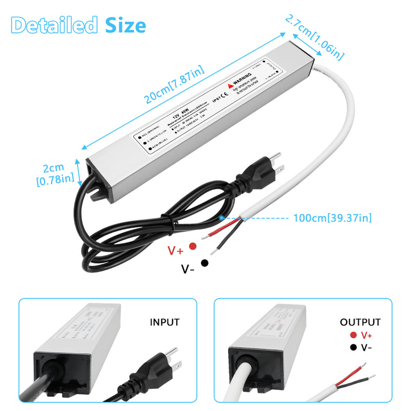 IP67 Waterproof LED Power Supply, 40W LED Driver for LED Outdoor Lights, Computer Project, AC 90V-265V to DC 12V 3.3A Output, 3.3 Feet Cable
